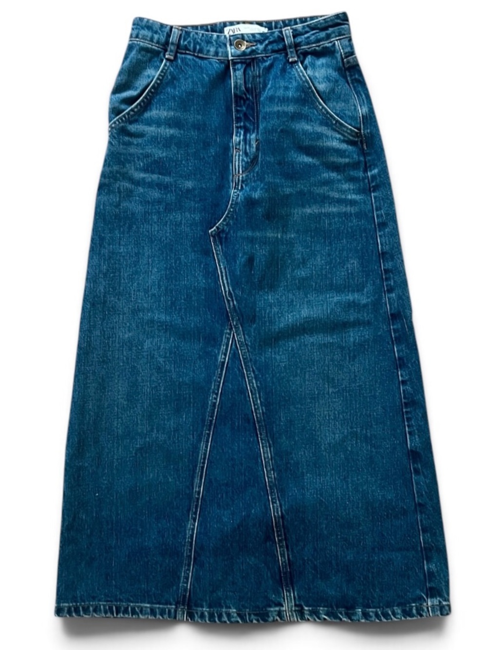 Zara Blue Denim Maxi Skirt with Button Waist